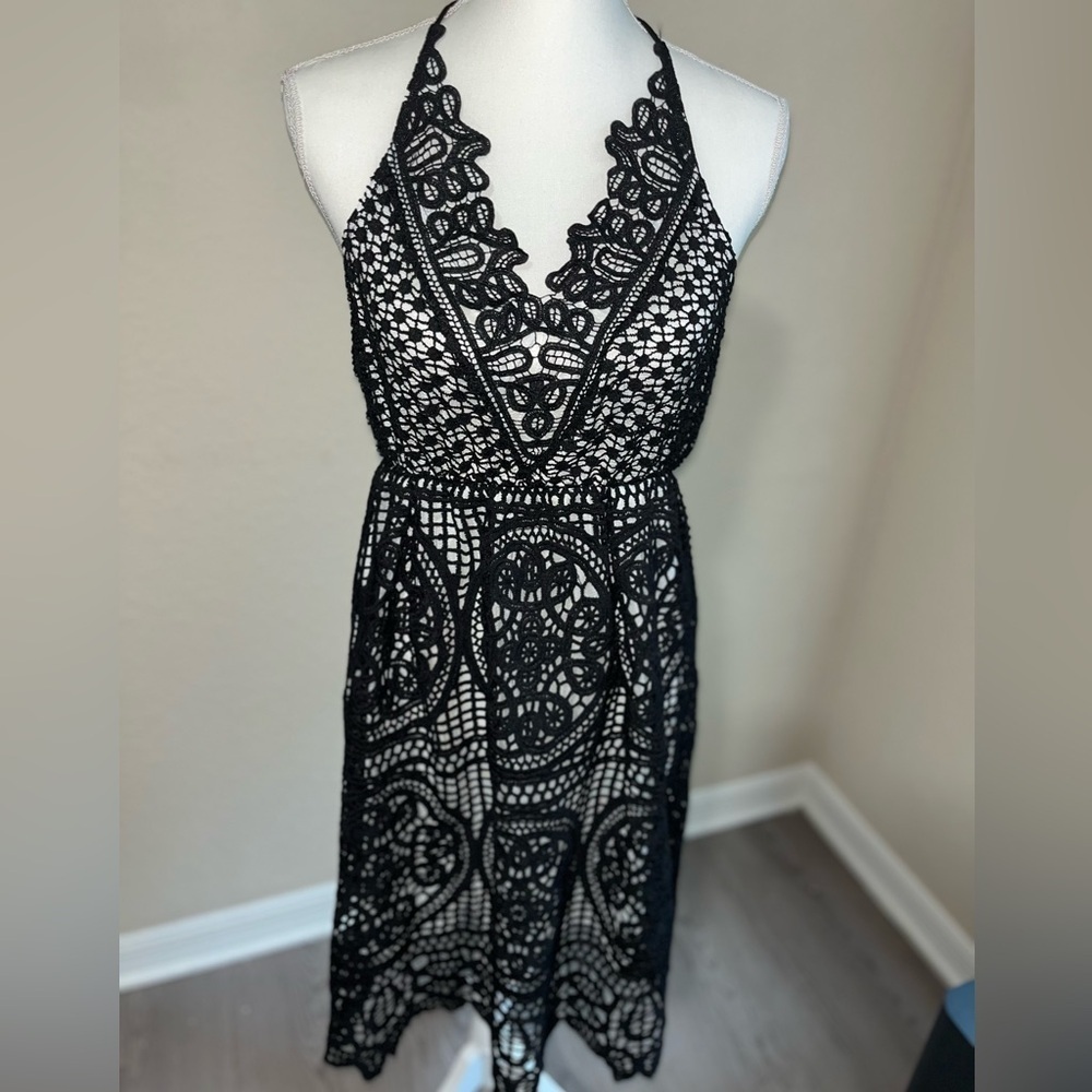 Boho Black Crochet Corset Like Dress w/ Lace Up Back at Neck, NWOT
